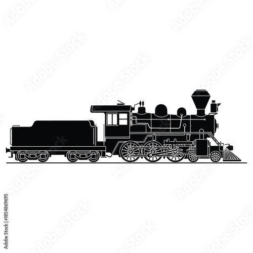 Detailed depiction of a vintage steam locomotive in a striking black silhouette