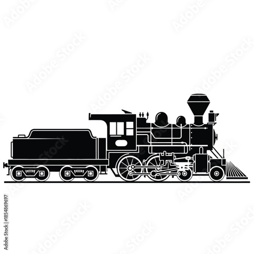 Detailed black and white illustration of a classic steam locomotive a striking silhouette