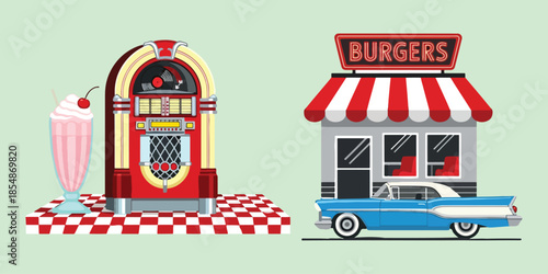 Vintage burger joint scene with jukebox and milkshake