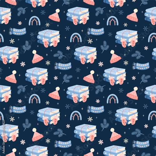 Cozy winter seamless pattern with books, warm clothes elements, rainbow, snowflakes and branches. Christmas bookish background, Book lover print, Holiday reading, Pastel bookstore graphic.