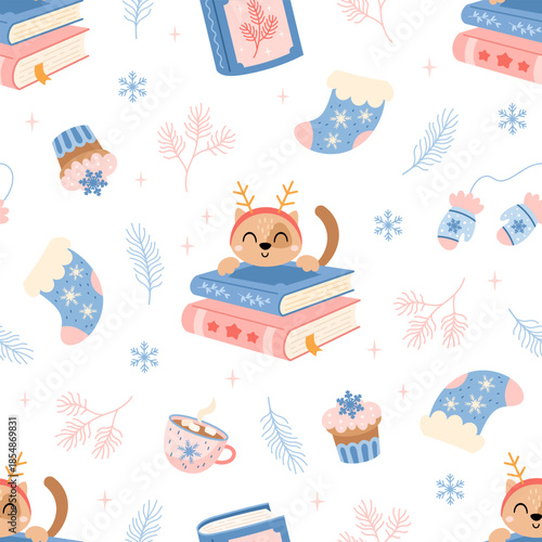 Cozy winter seamless pattern with books, cat, mug, sock, cupcake and branches. Christmas bookish background, Book lover print, Holiday reading, Pastel bookstore graphic.