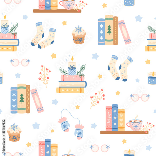 Cozy winter books seamless repeat pattern. Christmas bookish background, Book lover print, Holiday reading, Pastel bookstore graphic.