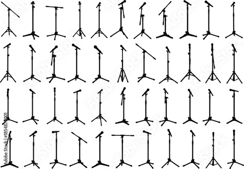 Collection of various microphone stands in different positions and angles