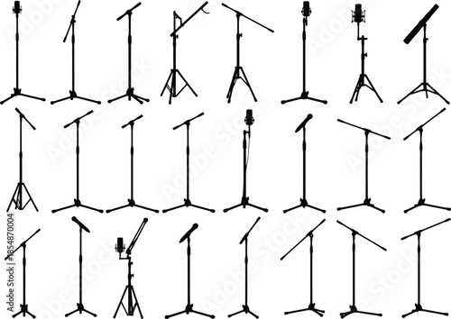 Various microphone stands in different positions and angles on white background