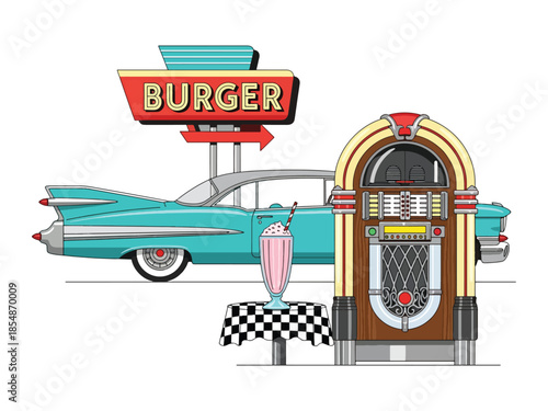 Vintage diner scene with burger sign, milkshake, and jukebox