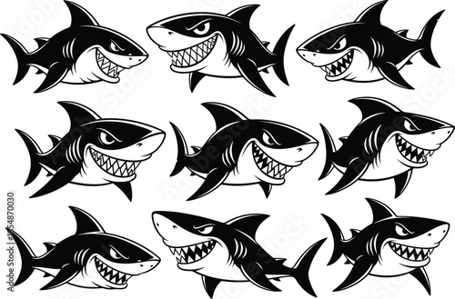 Nine cartoon shark heads in various positions and expressions on white background