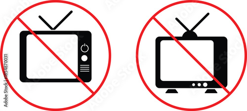 no classic tv icon set automation. Old television prohibition symbols. Analog TV forbidden graphic design. Retro tech restriction signs
