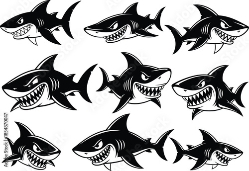 Collection of cartoon shark illustrations in various poses and expressions