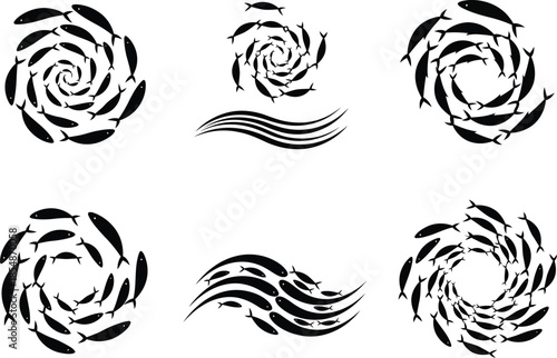 Black swirling abstract shapes and motion graphic design elements on white background