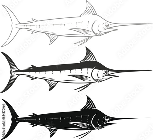 Three illustrations of marlin fish in varying shades of black and white