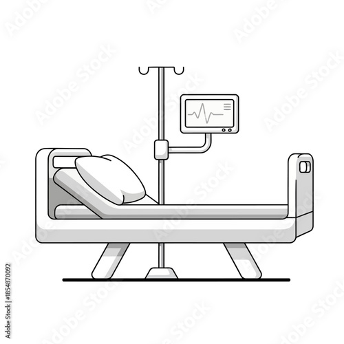 Clean line art illustration of a hospital bed with a pillow and an iv pole with a monitor displaying a heartbeat waveform against a white background