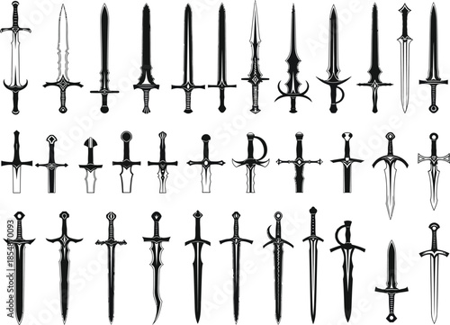 Collection of various medieval swords and daggers with different blades and handles