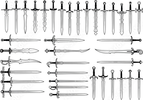 various medieval swords and daggers with different blades and handles