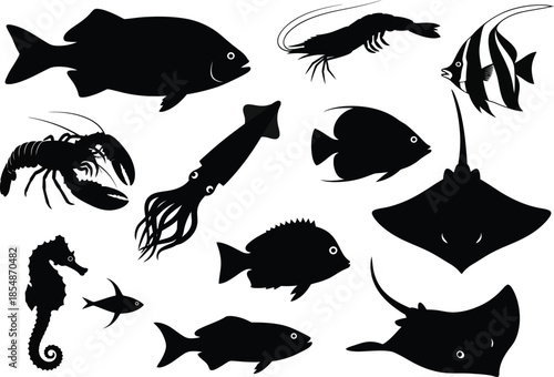 Collection of black silhouettes of various ocean fish and sea creatures