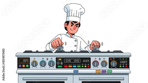 Passionate Cartoon Chef Controlling Professional Kitchen Stove with Knobs and Digital Display Food Preparation Culinary Masterclass Concept
