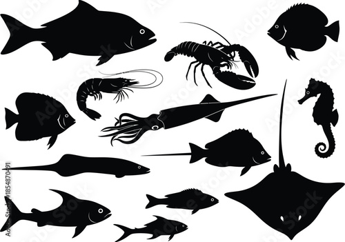 Collection of various ocean fish and sea creatures in black silhouette on white background