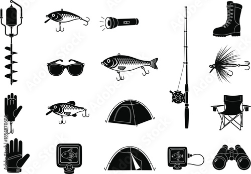 Black and white illustration of various outdoor and sporting goods