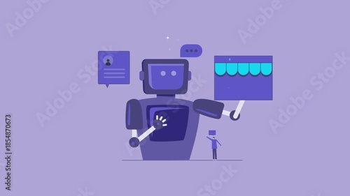 AI ecommerce solution supports small business brands, optimize workflow through machine learning algorithm and automate personalized experience, tiny business character with giant AI robot.
