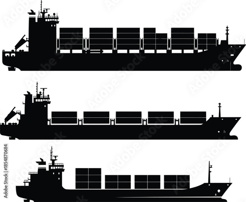 Silhouettes of three cargo ships with containers on deck in different views