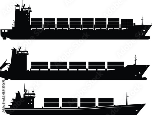 Three cargo ships with containers in various configurations on the water