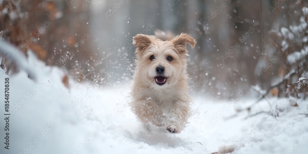 Obraz premium Dog runs joyfully through snow in forest during winter day