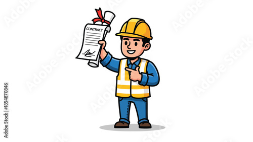 Construction Worker Holding Up Approved Contract Document Business Deal Agreement Concept