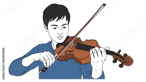 Young Man Playing Violin with Focused Expression Classical Music Practice