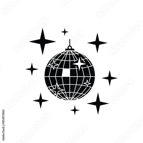 A striking black and white image of a disco ball with surrounding starbursts silhouette