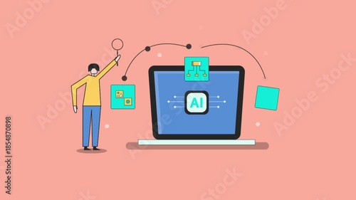 AI content marketing ecosystem connects content creation, multi channel distribution and analytics. Brand expert monitoring insights and digital ecosystem.