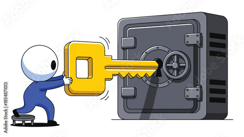 Small Cartoon Character with Giant Golden Key Opening a Large Metal Safe Security Access and Financial Success Concept Illustration