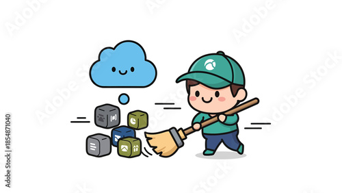 Cute Cartoon Character Cleaning Up Data Blocks with Broom Cloud Computing Concept Digital Organization