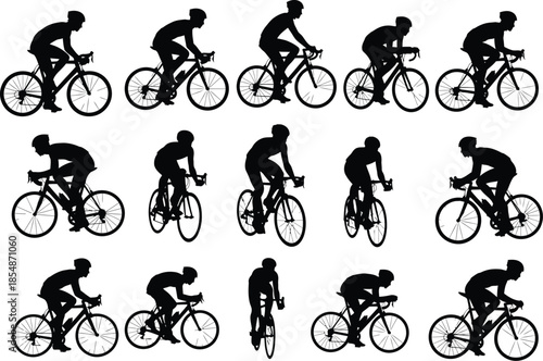 Silhouette of cyclist in various positions on a bicycle motion sequence
