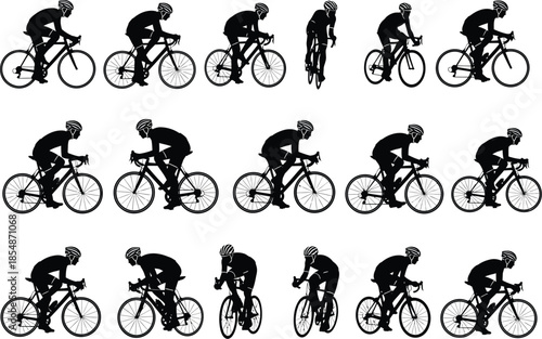 Cycling motion sequence of a cyclist riding a bicycle in various positions