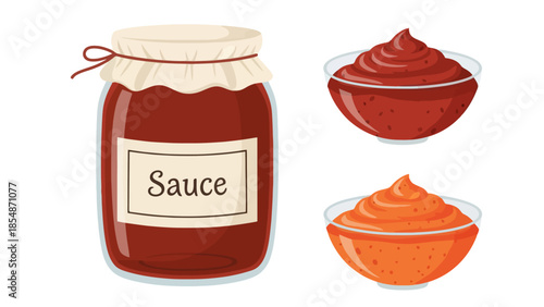 Glass jar of sauce and two bowls filled with delicious sauces, perfect for culinary illustrations