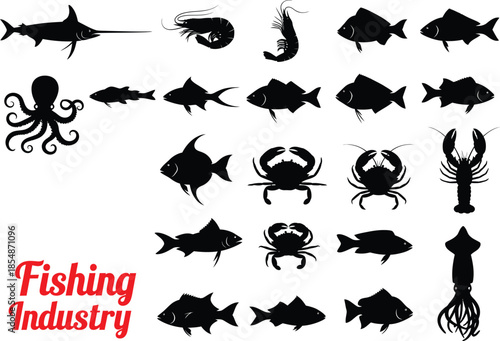 Collection of various seafood and fishing industry related marine animals and creatures