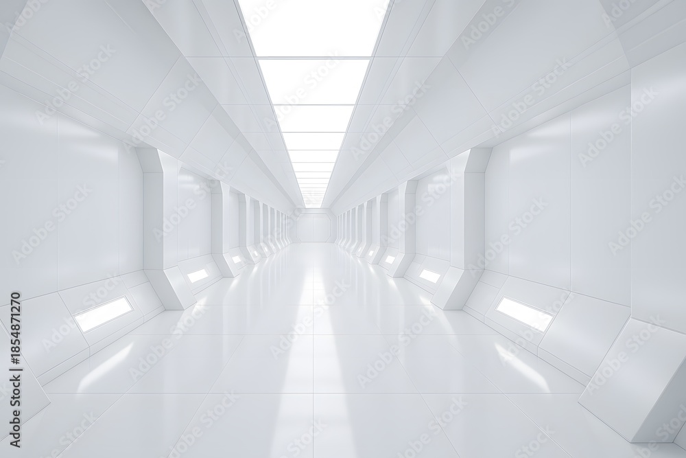 Fototapeta premium Long bright white futuristic corridor leading to glowing light in distance