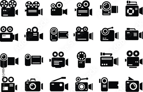 A grid of 28 black and white icons, each representing a different style of video camera. The collection features a variety of designs, from classic film cameras with reels to modern digital camcorders