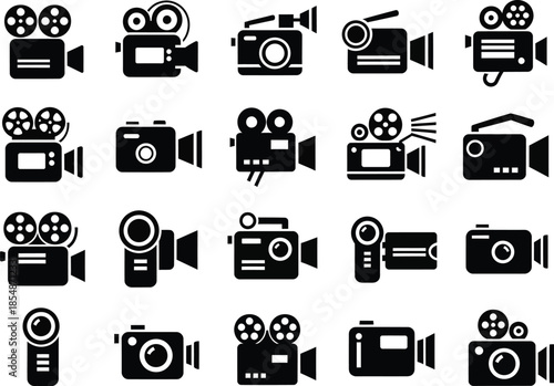 Collection of various film camera and video camera icons in black and white