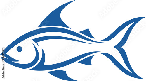 Blue and white illustration of a fish swimming to the left on a white background