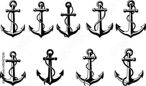 Eight black nautical anchors in various orientations on white background