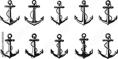 Eight black nautical anchors in various orientations