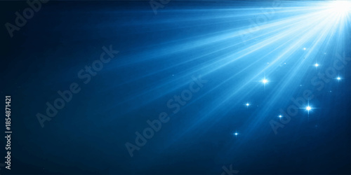 An abstract blue background features a bright sun burst with glowing light rays and flares reflecting like summer sunlight through deep ocean water or a starry sky space design