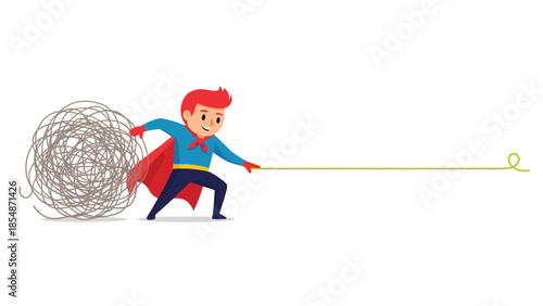 Superhero Unraveling Tangle Ball of Problems Solving Complex Issues Solution Finding Innovation Business Success Metaphor