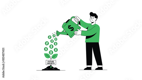 Investing in Growth Man watering plant with coins for financial future
