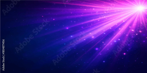 Glowing abstract blue space background features bright stars and purple laser rays bursting through a shiny night sky for a disco style christmas illustration