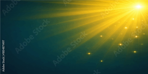 Abstract background with bright sun rays of light shining through clouds over a deep blue sea and summer ocean waves under a sunny heaven sky