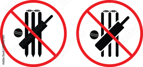 no Cricket bat ball stump bails icon. Cricket bat and ball prohibition symbols. No sports play graphic design. Game restriction and safety signs