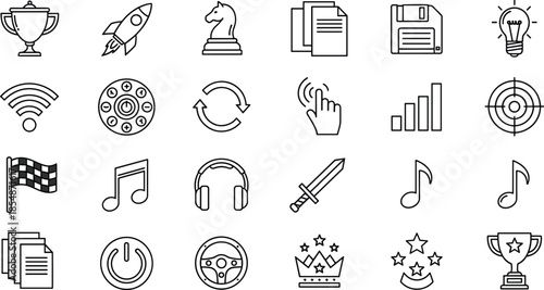 Gaming and Strategy Icon Set Featuring Multimedia Interface Symbols Achievement Awards Business Success Rocket Launches Target Goals Trophy Cups And Victory