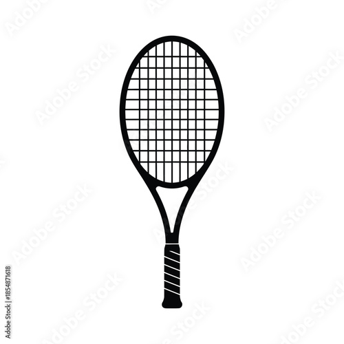 A simple black and white image of a tennis racket a sporting equipment silhouette