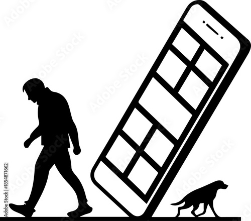 Social Media Addiction Concept - Silhouette of Man Walking Away from Giant Smartphone